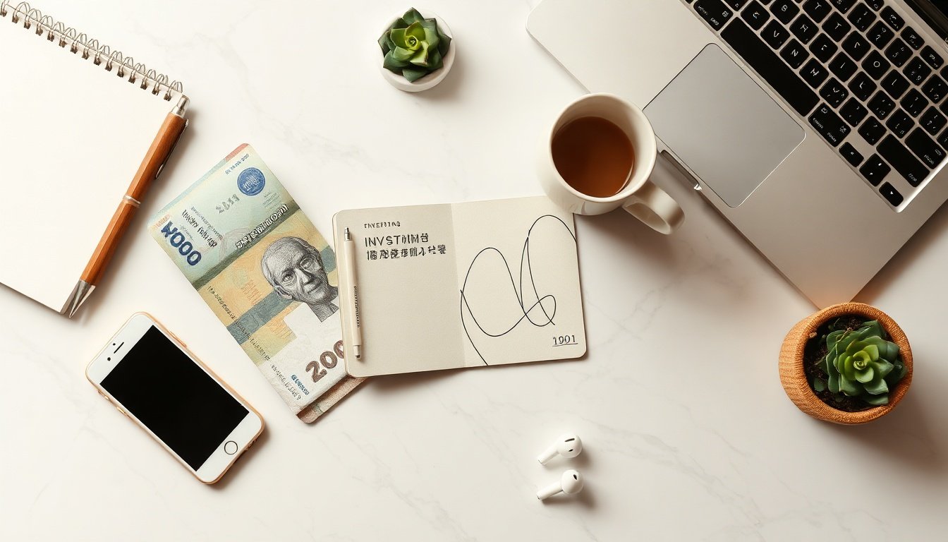 ETF 투자 - flat lay of Korean won bills, investment planning notebook, and smartphone with ETF trading app on wooden desk, ETF investment strategy concept