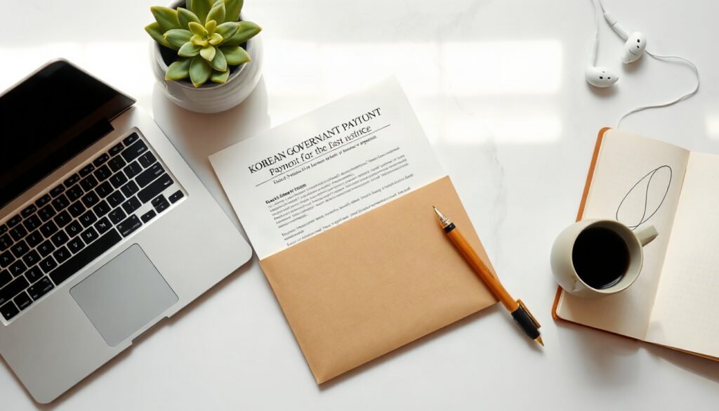 신안군 민생안정지원금 - flat lay of Korean government support payment notice document and envelope on clean white desk, citizen benefit support concept