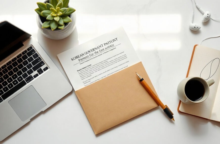 신안군 민생안정지원금 - flat lay of Korean government support payment notice document and envelope on clean white desk, citizen benefit support concept