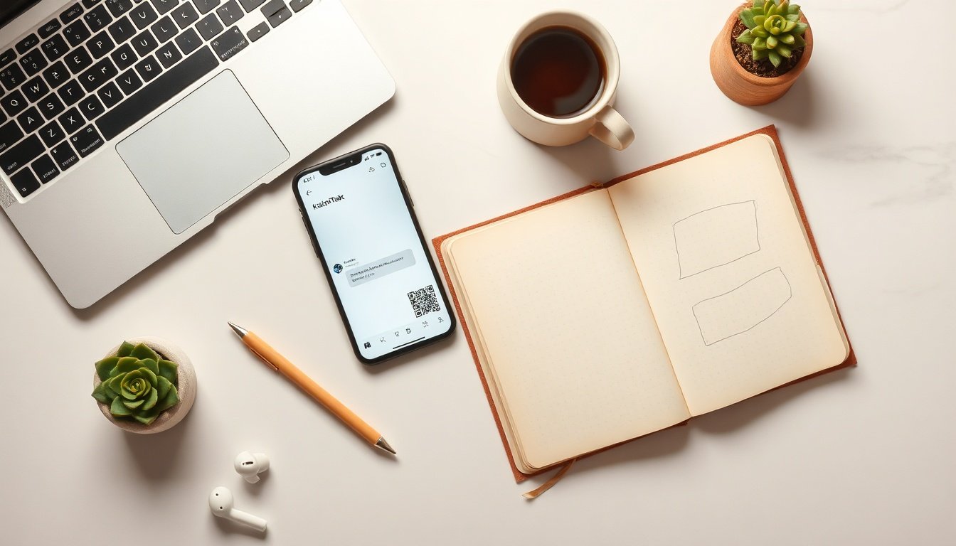 카톡으로 청년정책 - flat lay of smartphone with KakaoTalk open and youth policy channel subscription screen, alongside a notebook with handwritten checklist, overhead view, clean white background