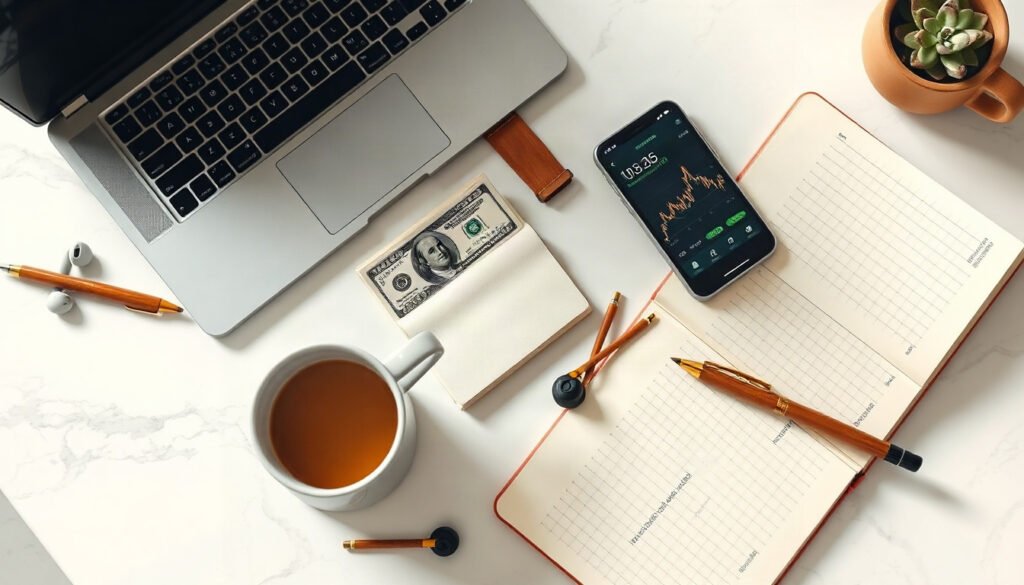 해외 주식 - flat lay of smartphone showing stock chart app and dollar bills on white desk, overseas stock investment concept