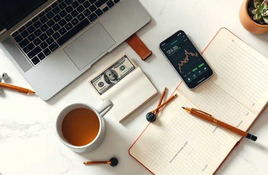 해외 주식 - flat lay of smartphone showing stock chart app and dollar bills on white desk, overseas stock investment concept