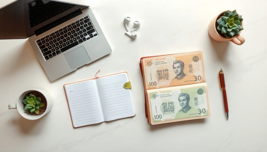 우리 동네 - flat lay of Korean local government support documents and Korean won banknotes on white desk, local community fund concept