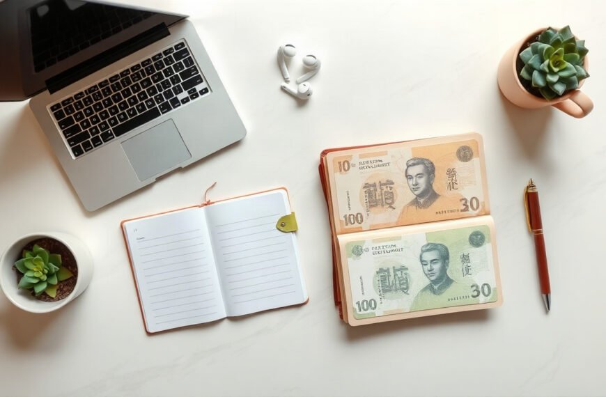 우리 동네 - flat lay of Korean local government support documents and Korean won banknotes on white desk, local community fund concept