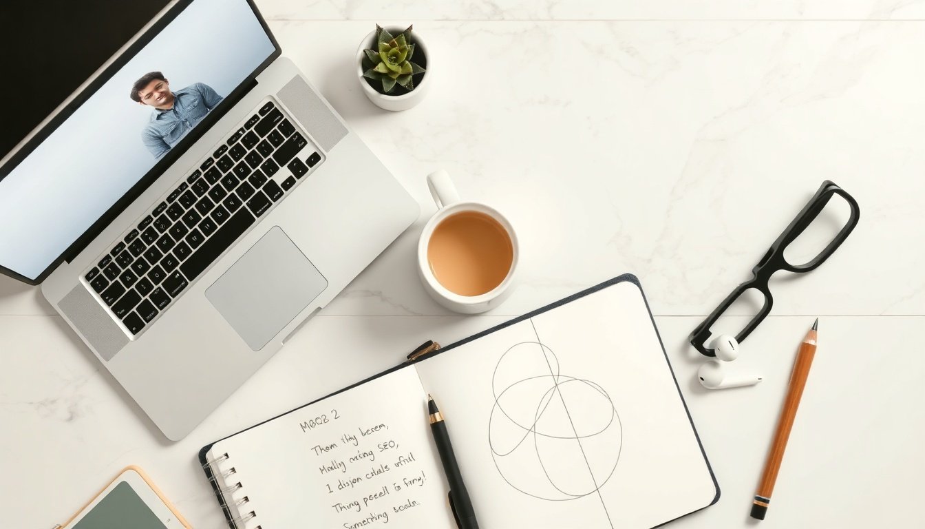 SEO 최적화 방법 - Korean male blogger upper body shot with face visible, checking SEO optimization results on laptop screen in bright home office, natural hands on keyboard