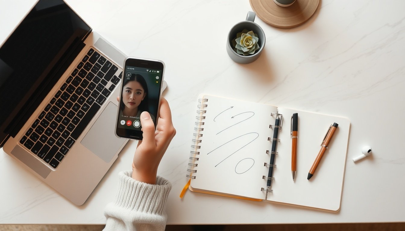 틱톡 알고리즘 - Korean woman upper body shot with face visible, holding smartphone and recording TikTok video in bright home studio setup, natural hands