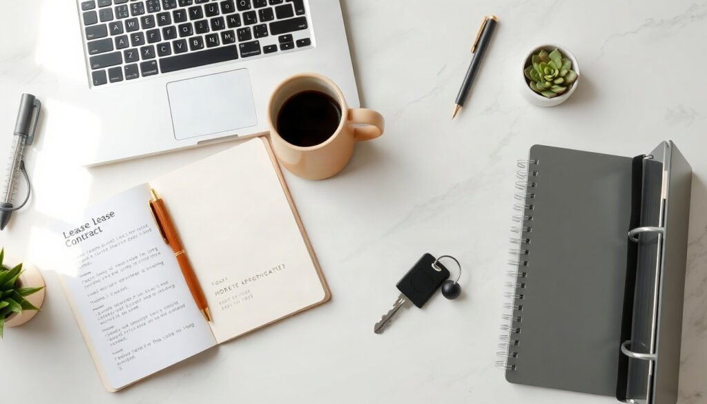 전세 대출 - flat lay of Korean apartment lease contract documents and house key on white desk, jeonse loan concept
