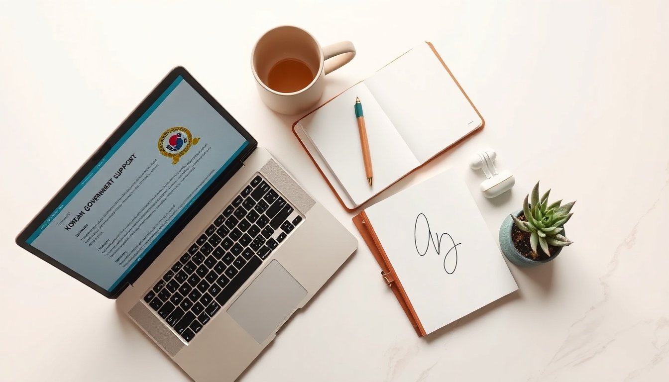 환경공단 인천 - flat lay of Korean government support document and green eco startup business card on white desk, environmental fund support concept
