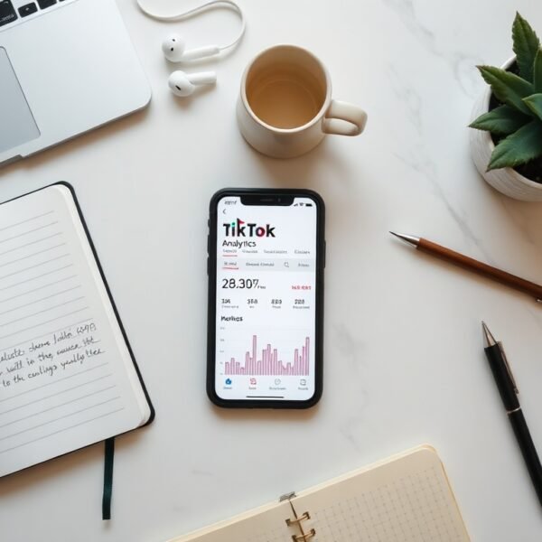 틱톡 알고리즘 - flat lay of smartphone showing TikTok app interface with analytics data on white desk, TikTok algorithm concept
