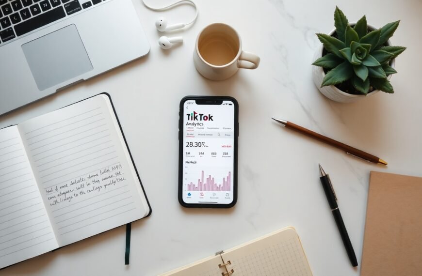 틱톡 알고리즘 - flat lay of smartphone showing TikTok app interface with analytics data on white desk, TikTok algorithm concept