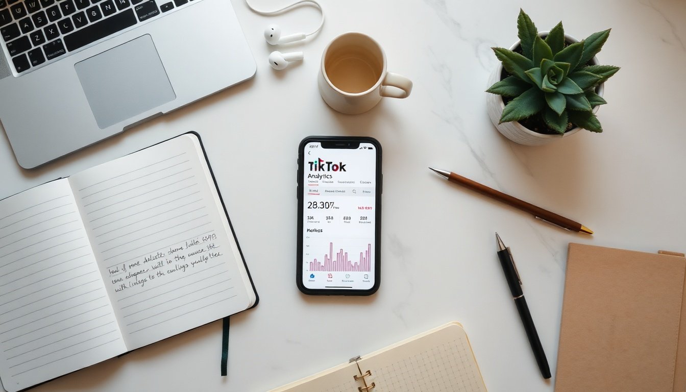 틱톡 알고리즘 - flat lay of smartphone showing TikTok app interface with analytics data on white desk, TikTok algorithm concept