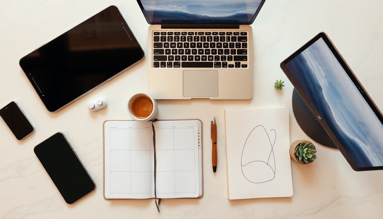 크리에이터 수익 - flat lay of multiple devices showing different social media platforms, creator income strategy concept, overhead view on white desk