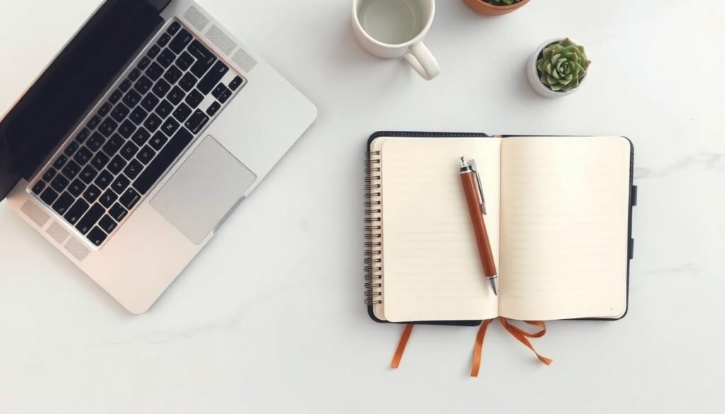 백링크 전략 - flat lay of laptop and notebook with SEO backlink strategy concept, white desk overhead view