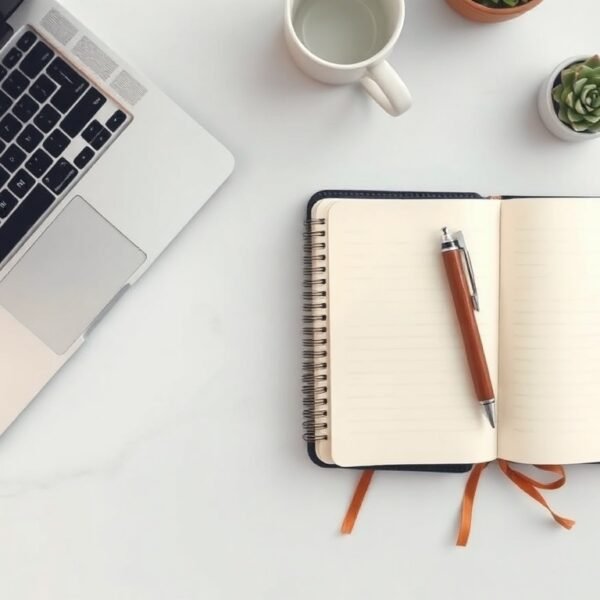 백링크 전략 - flat lay of laptop and notebook with SEO backlink strategy concept, white desk overhead view