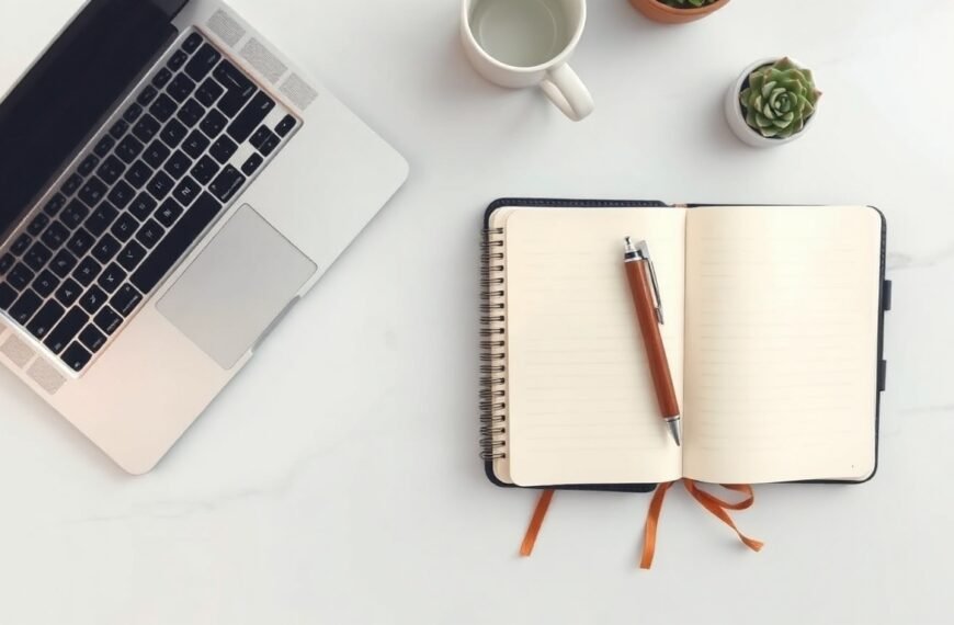 백링크 전략 - flat lay of laptop and notebook with SEO backlink strategy concept, white desk overhead view