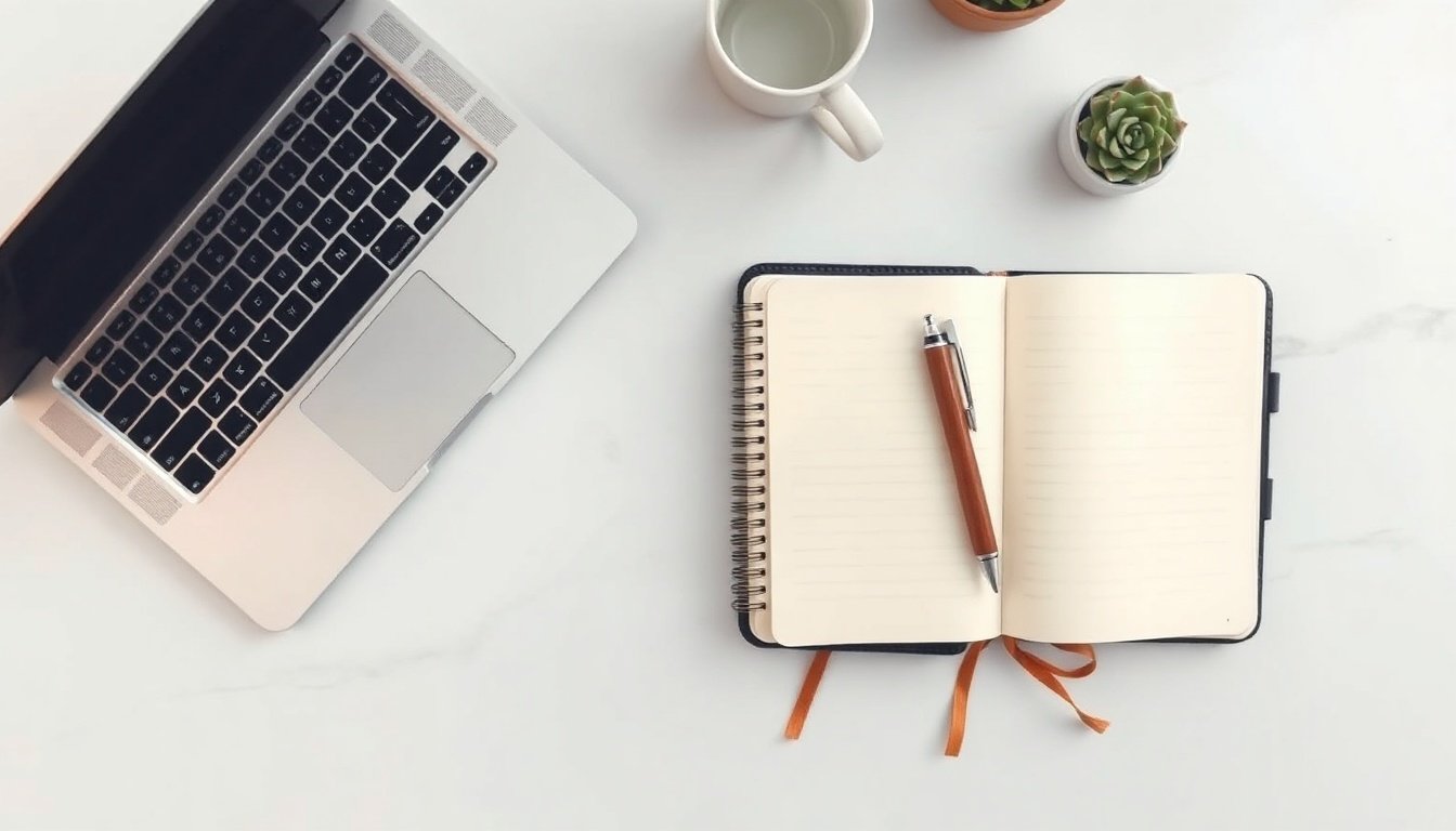 백링크 전략 - flat lay of laptop and notebook with SEO backlink strategy concept, white desk overhead view