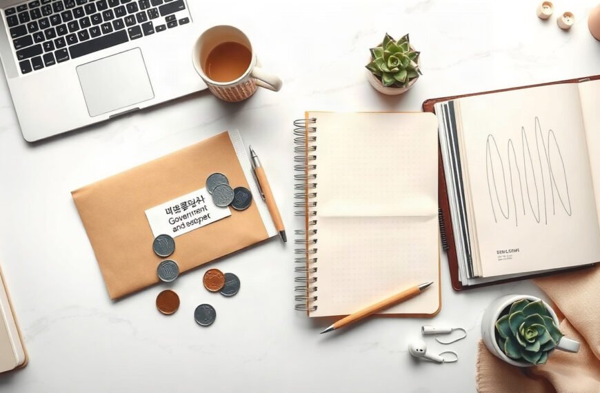 당진 부결됐지만 - flat lay of Korean government support money envelope and coins on white desk, regional living support fund concept 2026