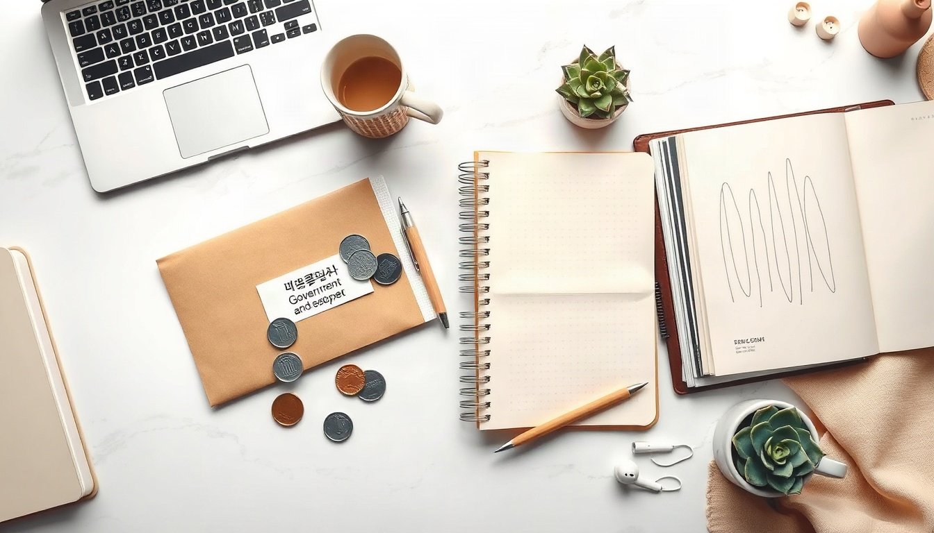 당진 부결됐지만 - flat lay of Korean government support money envelope and coins on white desk, regional living support fund concept 2026