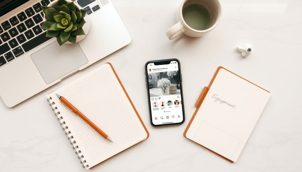 인스타그램 알고리즘 - flat lay of smartphone displaying Instagram feed with engagement icons, social media algorithm concept, overhead view