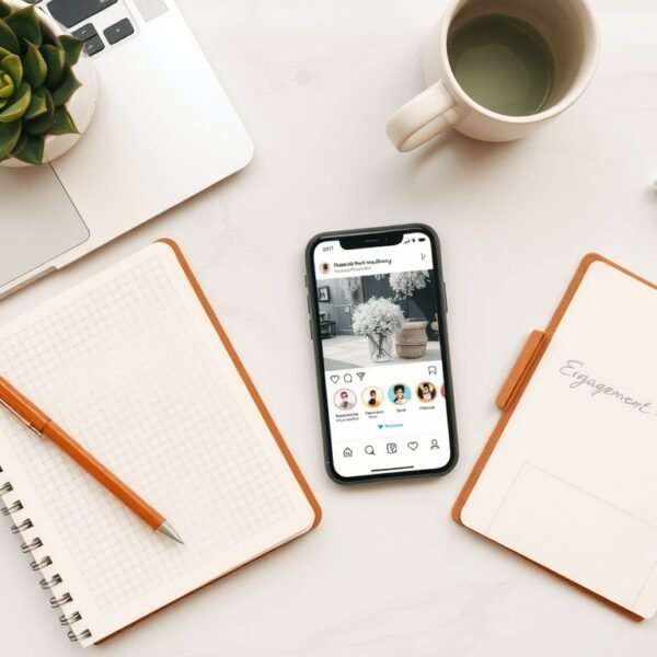 인스타그램 알고리즘 - flat lay of smartphone displaying Instagram feed with engagement icons, social media algorithm concept, overhead view