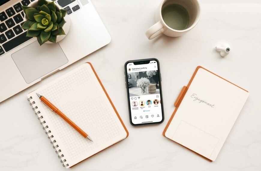 인스타그램 알고리즘 - flat lay of smartphone displaying Instagram feed with engagement icons, social media algorithm concept, overhead view