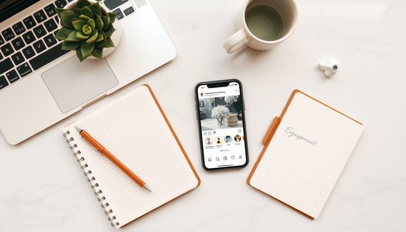 인스타그램 알고리즘 - flat lay of smartphone displaying Instagram feed with engagement icons, social media algorithm concept, overhead view