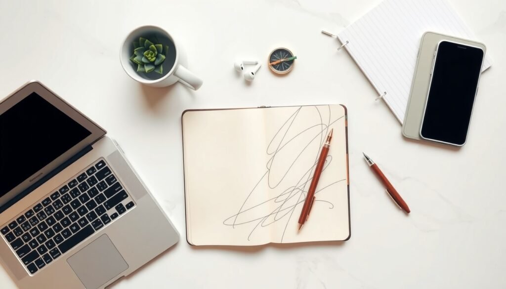 거창군 거창 - flat lay of notebook, pen, and compass on white desk, youth career planning concept in Korea