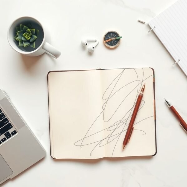 거창군 거창 - flat lay of notebook, pen, and compass on white desk, youth career planning concept in Korea