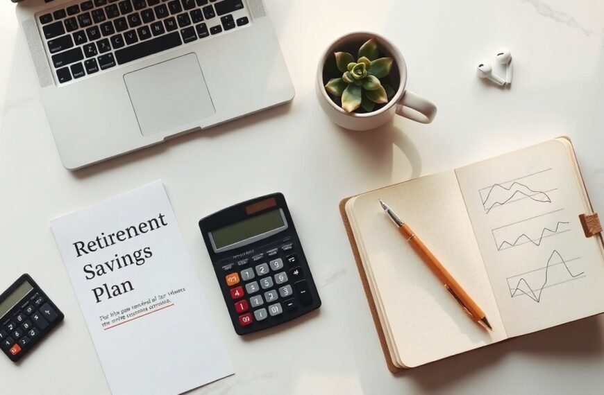 연금 투자 - flat lay of retirement savings plan documents, calculator and coins on a clean white desk, pension investment concept