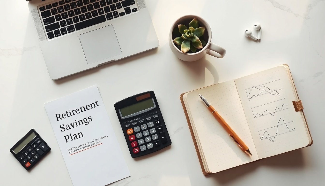 연금 투자 - flat lay of retirement savings plan documents, calculator and coins on a clean white desk, pension investment concept
