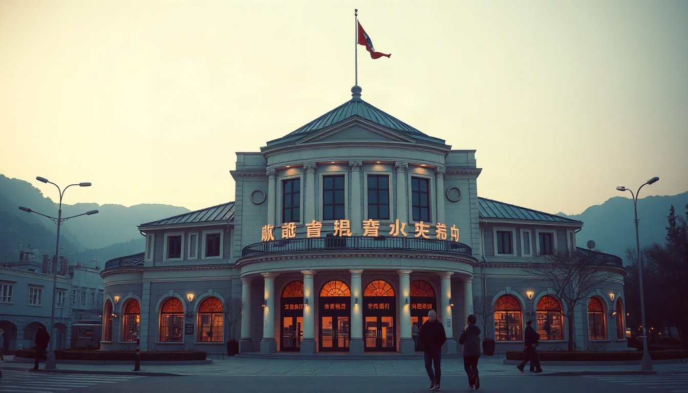김학홍 문경시장 - Korean city hall building with Mungyeong city signage, local government administration concept, flat lay style