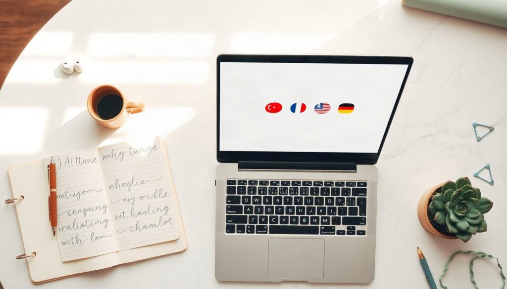AI 번역 - flat lay of laptop showing AI translation interface with multiple language flags and text on white desk, AI translation concept