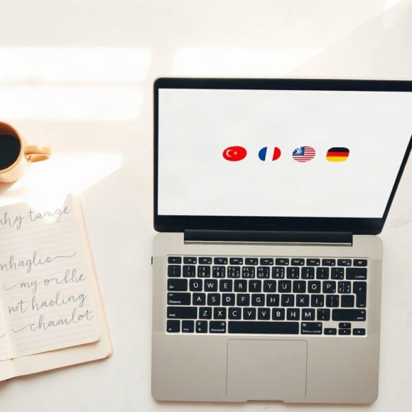 AI 번역 - flat lay of laptop showing AI translation interface with multiple language flags and text on white desk, AI translation concept