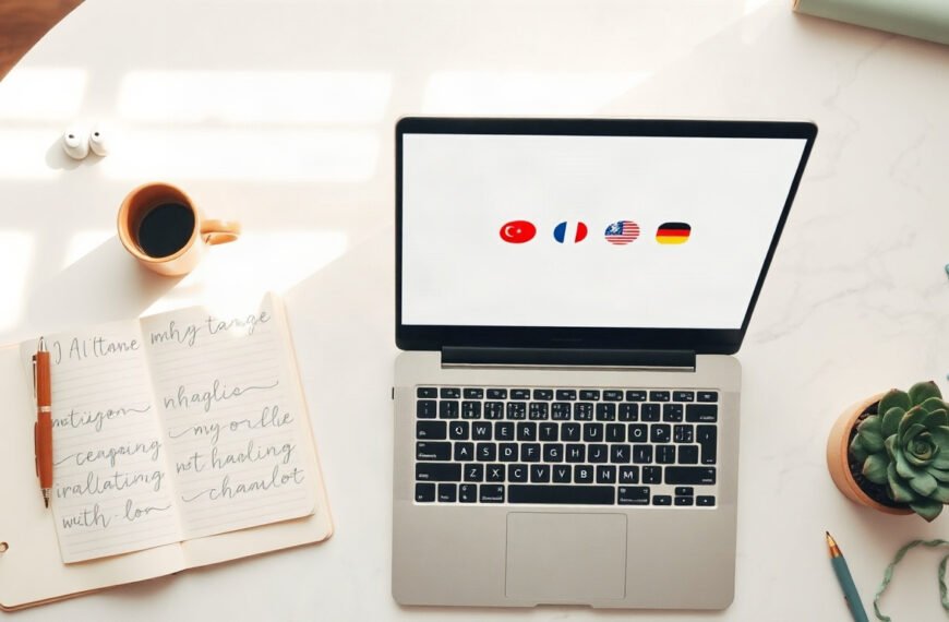 AI 번역 - flat lay of laptop showing AI translation interface with multiple language flags and text on white desk, AI translation concept