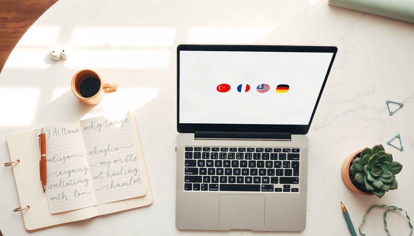 AI 번역 - flat lay of laptop showing AI translation interface with multiple language flags and text on white desk, AI translation concept