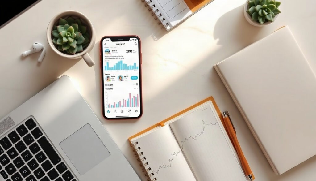 인스타 광고 - flat lay of smartphone showing Instagram ad dashboard with analytics charts on white desk, social media advertising concept