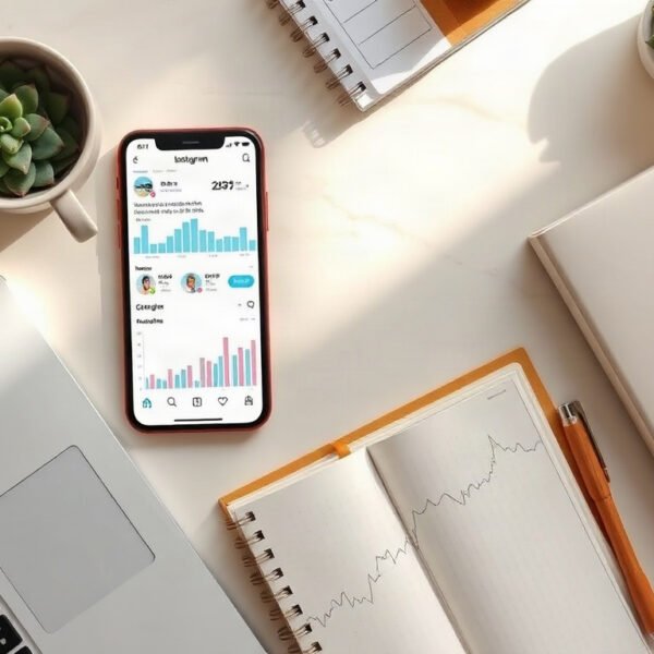 인스타 광고 - flat lay of smartphone showing Instagram ad dashboard with analytics charts on white desk, social media advertising concept
