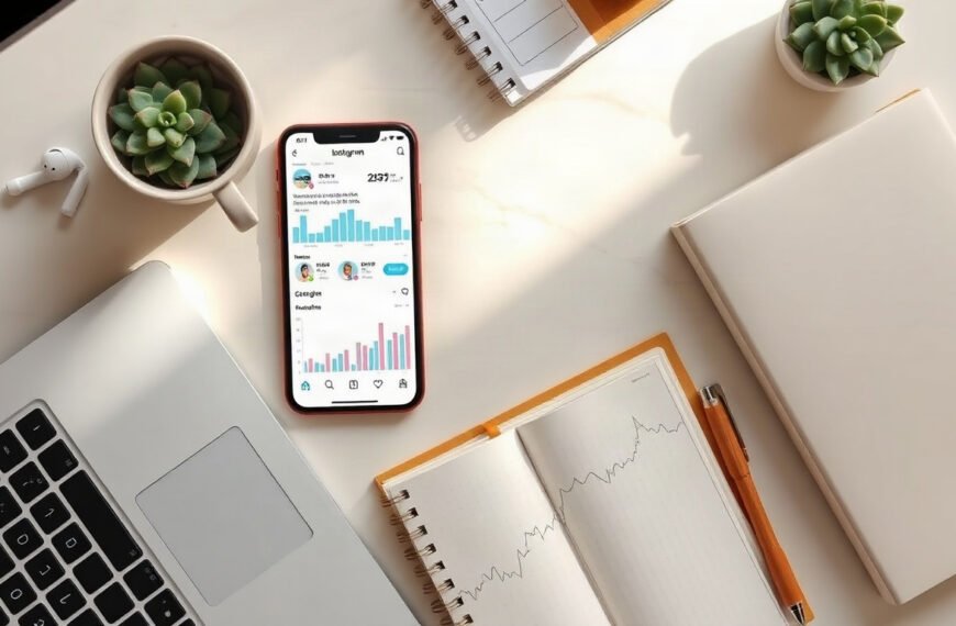 인스타 광고 - flat lay of smartphone showing Instagram ad dashboard with analytics charts on white desk, social media advertising concept
