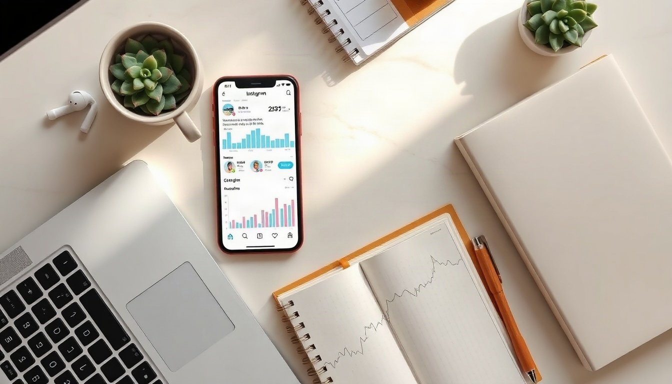 인스타 광고 - flat lay of smartphone showing Instagram ad dashboard with analytics charts on white desk, social media advertising concept