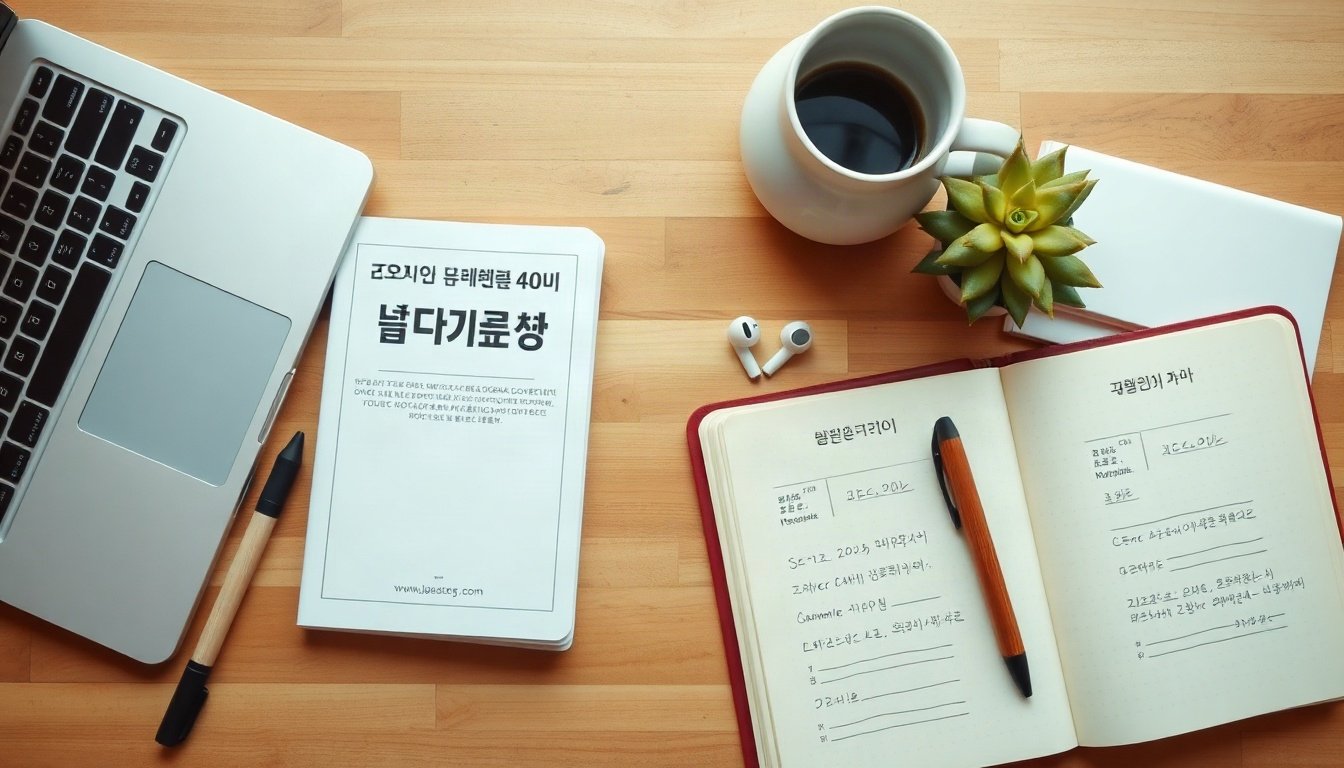우리 동네 - flat lay of Korean local government brochures and checklist notebook on wooden desk, community support fund checklist concept