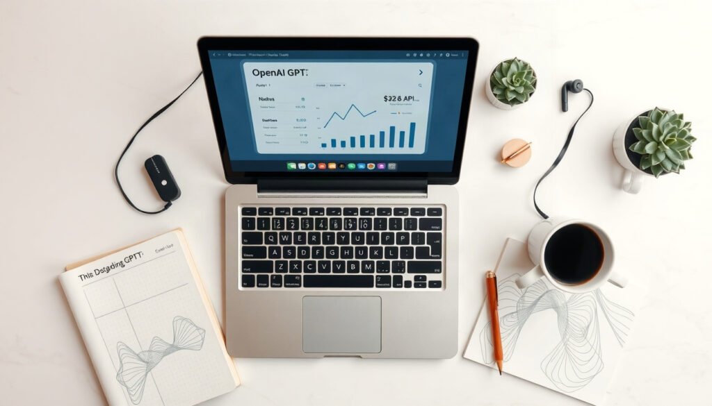 GPT API - flat lay of laptop with OpenAI GPT API dashboard on screen, notebook and coffee cup on white desk, technology concept