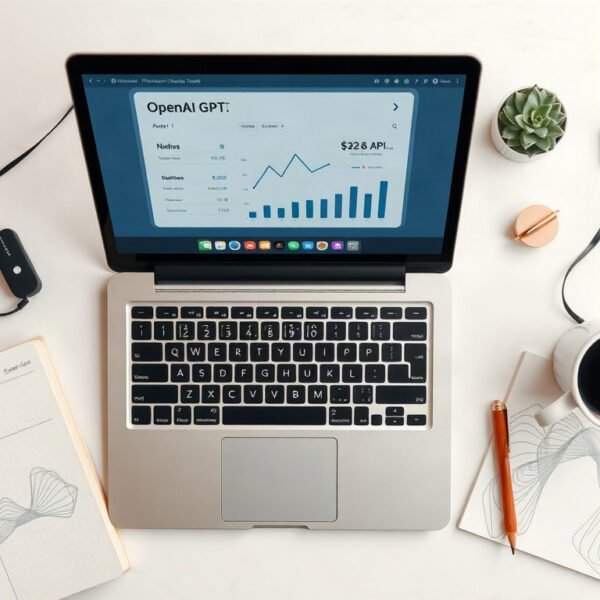 GPT API - flat lay of laptop with OpenAI GPT API dashboard on screen, notebook and coffee cup on white desk, technology concept