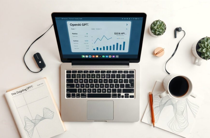 GPT API - flat lay of laptop with OpenAI GPT API dashboard on screen, notebook and coffee cup on white desk, technology concept