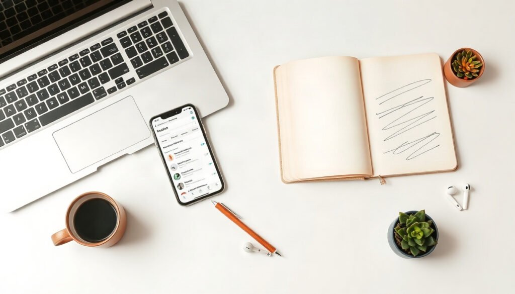 스마트스토어 - flat lay of smartphone and laptop showing Naver Smartstore dashboard on white desk, online shopping startup concept
