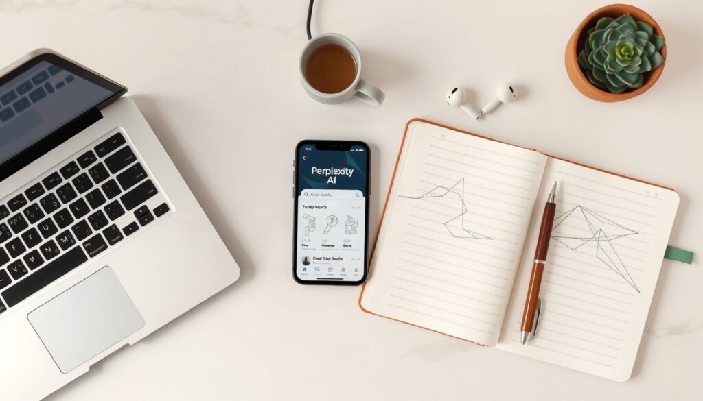 퍼플렉시티 - flat lay of smartphone displaying Perplexity AI search interface on white desk with notebook and pen, AI search concept