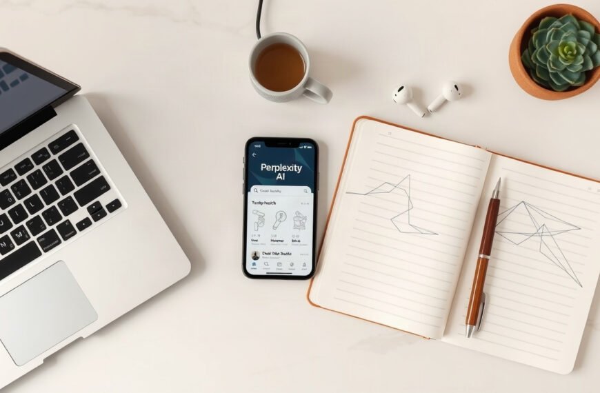 퍼플렉시티 - flat lay of smartphone displaying Perplexity AI search interface on white desk with notebook and pen, AI search concept