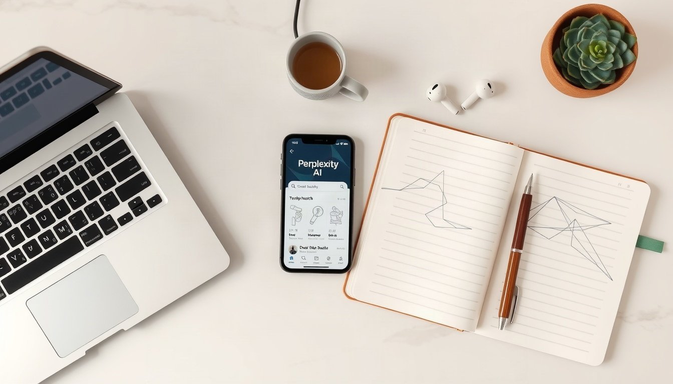 퍼플렉시티 - flat lay of smartphone displaying Perplexity AI search interface on white desk with notebook and pen, AI search concept