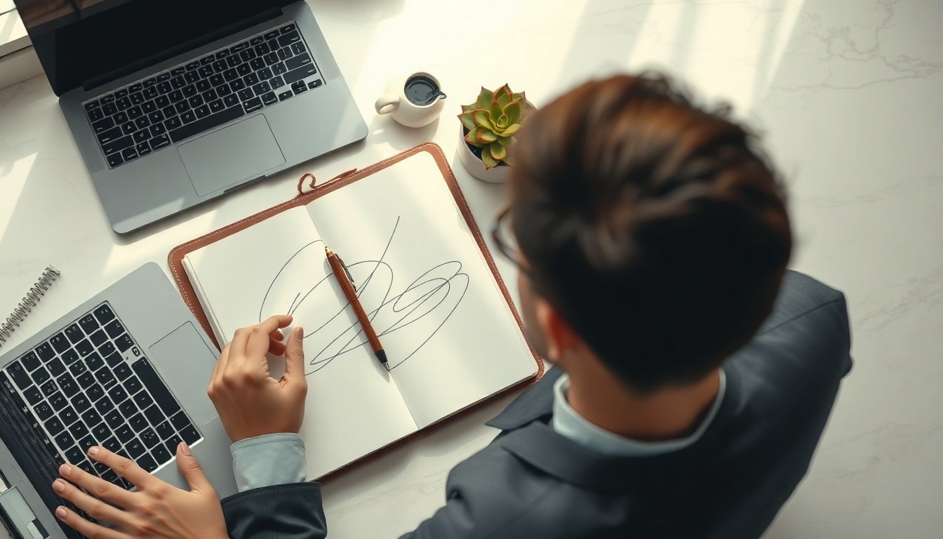 부동산 투자 - Korean man in business casual upper body shot with face visible, reviewing real estate documents at desk, natural hands, investment planning concept
