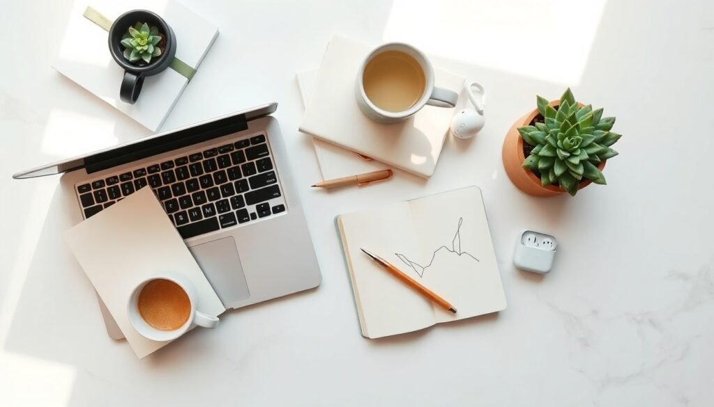 블로그 협찬 - flat lay of laptop, product samples, and notebook on white desk, blog sponsorship concept