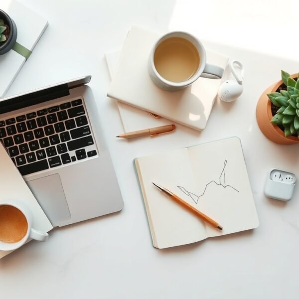 블로그 협찬 - flat lay of laptop, product samples, and notebook on white desk, blog sponsorship concept